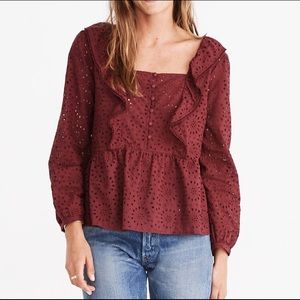 Madewell Burgundy Eyelet Pom Pom Ruffle Top Shirt M